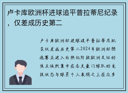 卢卡库欧洲杯进球追平普拉蒂尼纪录，仅差成历史第二