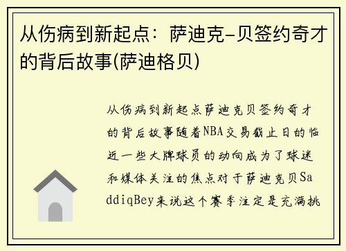 从伤病到新起点：萨迪克-贝签约奇才的背后故事(萨迪格贝)