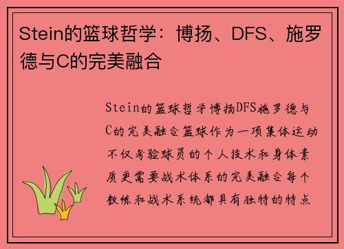 Stein的篮球哲学：博扬、DFS、施罗德与C的完美融合