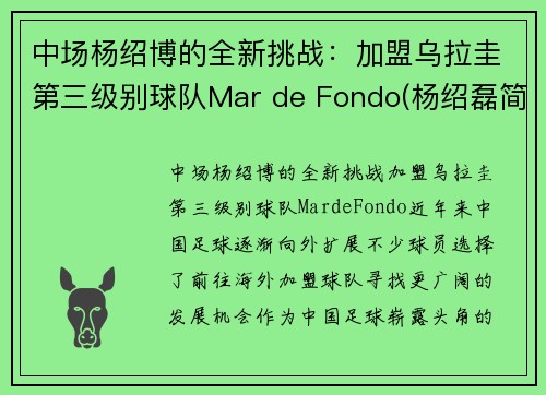 中场杨绍博的全新挑战：加盟乌拉圭第三级别球队Mar de Fondo(杨绍磊简介)