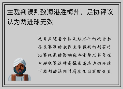 主裁判误判致海港胜梅州，足协评议认为两进球无效