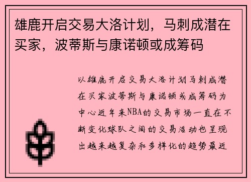 雄鹿开启交易大洛计划，马刺成潜在买家，波蒂斯与康诺顿或成筹码