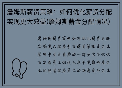詹姆斯薪资策略：如何优化薪资分配实现更大效益(詹姆斯薪金分配情况)